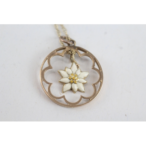 89 - 9ct gold antique enamelled floral pendant necklace with later chain (2.6g)