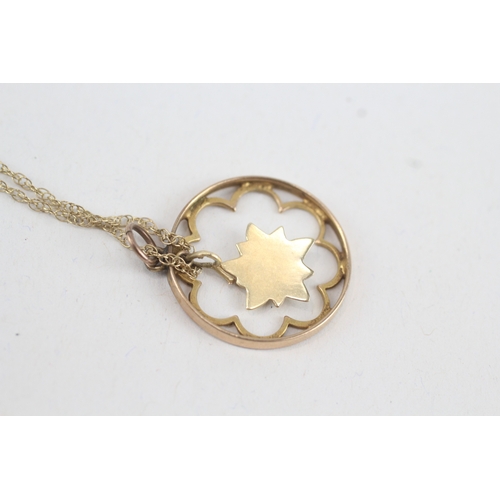 89 - 9ct gold antique enamelled floral pendant necklace with later chain (2.6g)