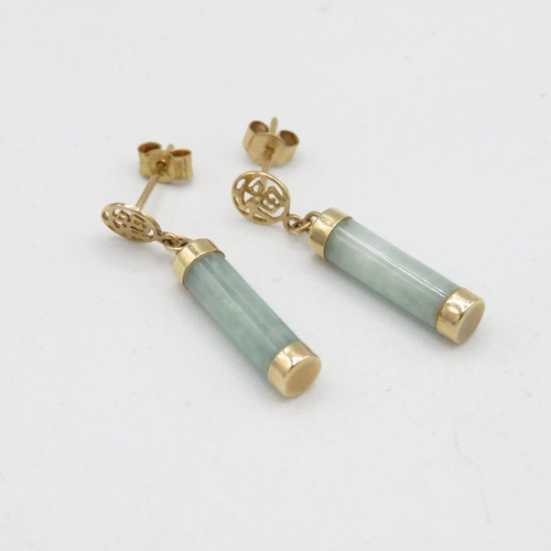 102 - 9ct gold jade drop earrings with scroll backs (1.6g)