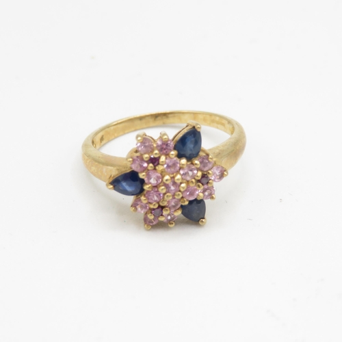 125 - 9ct gold pink sapphire, sapphire & red gemstone floral cluster ring (3.3g) Size  N 1/2