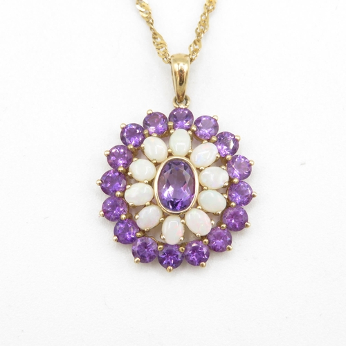 126 - 9ct gold amethyst & opal oval cluster pendant necklace (4.8g)