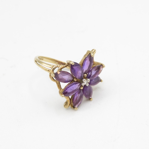 128 - 9ct gold amethyst & diamond floral dress ring (2.6g) Size  O