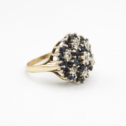 133 - 9ct gold diamond & sapphire floral cluster cocktail ring (4.4g) Size  O 1/2