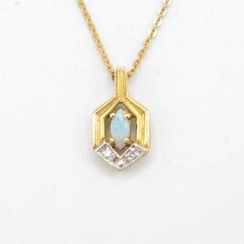 138 - 9ct gold diamond & opal geometric pendant necklace (2.2g)