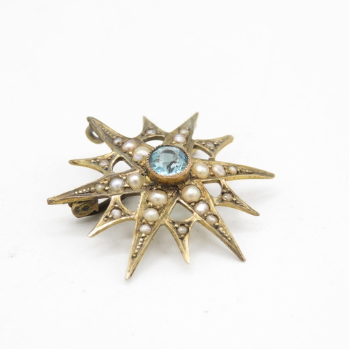 145 - 9ct gold antique blue paste & seed pearl starburst brooch with base metal pin (1.9g)