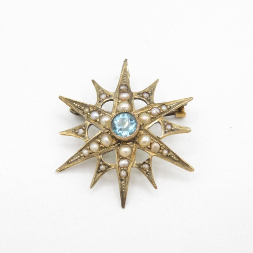 145 - 9ct gold antique blue paste & seed pearl starburst brooch with base metal pin (1.9g)