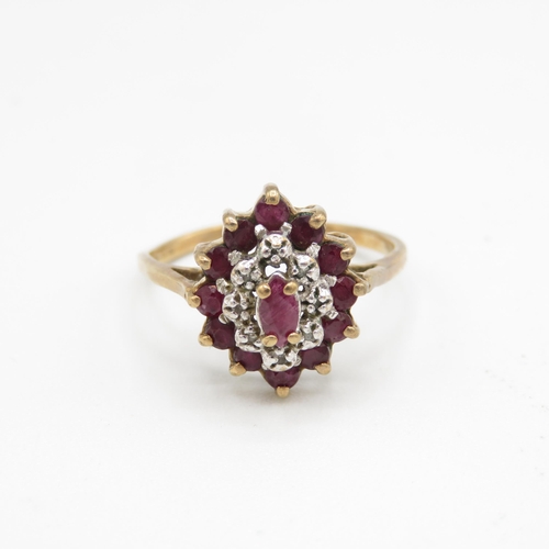 152 - 9ct gold diamond & ruby cluster ring (2.8g) AS SEEN - MISHAPEN Size  S