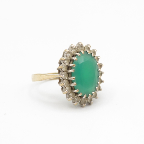 176 - 9ct gold chrysoprase & cubic zirconia oval halo cocktail ring (4.9g) Size  Q