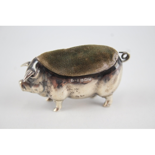 395 - Antique 1918 Birmingham Sterling Silver Novelty Pig Pin Cushion (13g)