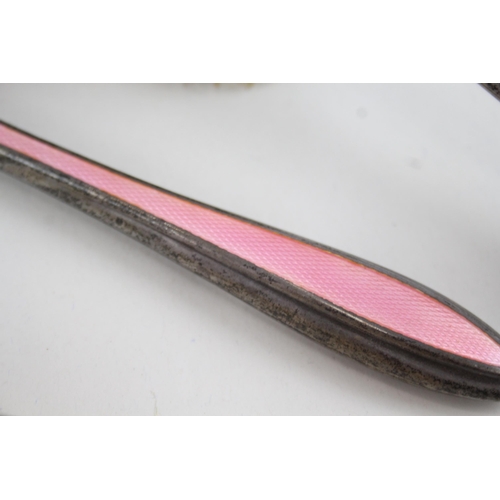 396 - 3 x Vintage 1938 Birmingham Sterling Silver Pink Guilloche Enamel Vanity (424g)