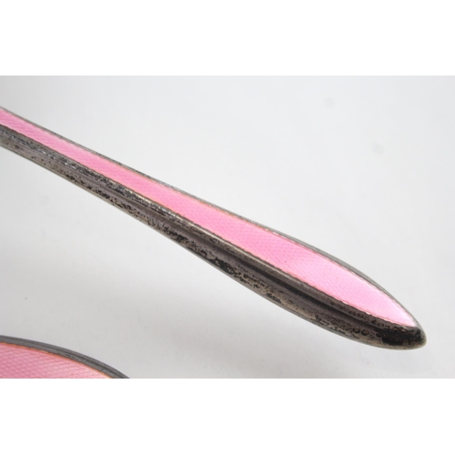 396 - 3 x Vintage 1938 Birmingham Sterling Silver Pink Guilloche Enamel Vanity (424g)