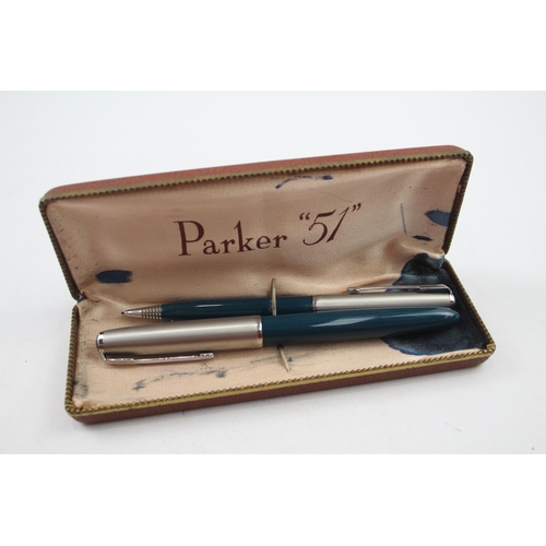 548 - Vintage Parker 51 Teal Fountain Pen w/ 14ct Gold Nib, Pencil, Original Box Etc