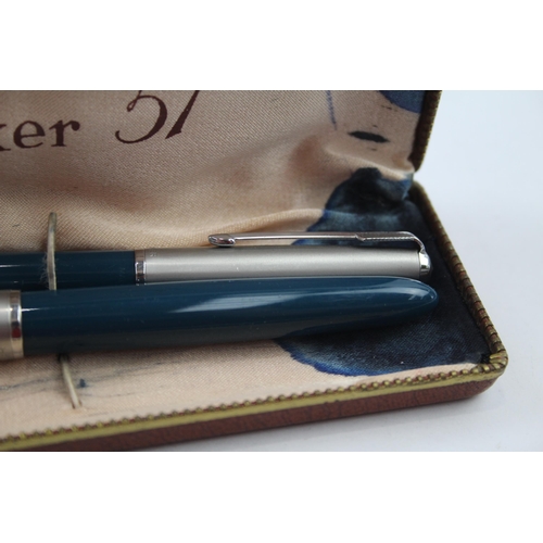 548 - Vintage Parker 51 Teal Fountain Pen w/ 14ct Gold Nib, Pencil, Original Box Etc