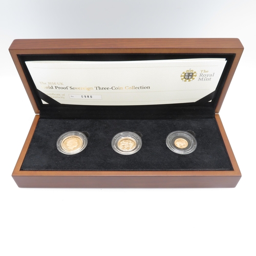 376 - Royal Mint Luxury Boxed 2010 Gold Proof Sovereign 3 Coin Collection.  Full, Half and Quarter Soverei... 