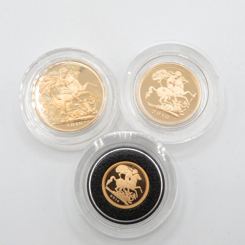 376 - Royal Mint Luxury Boxed 2010 Gold Proof Sovereign 3 Coin Collection.  Full, Half and Quarter Soverei... 