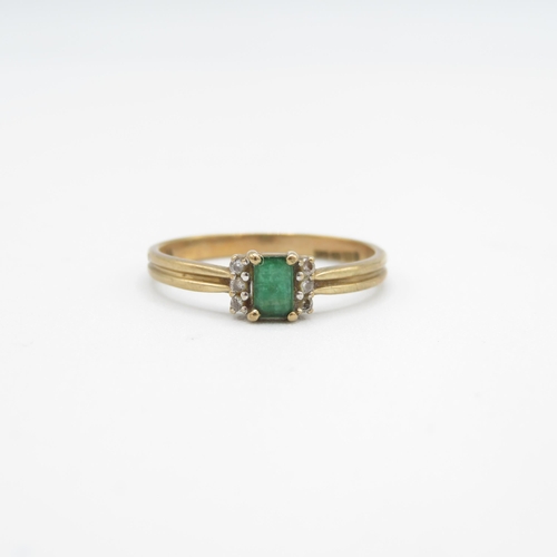 214 - 9ct gold emerald & diamond ring, claw set (1.5g) Size  R