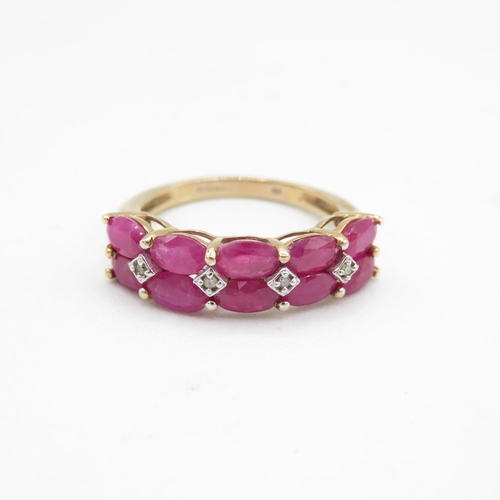 227 - 9ct gold oval cut ruby & diamond half eternity ring (3g) Size  O