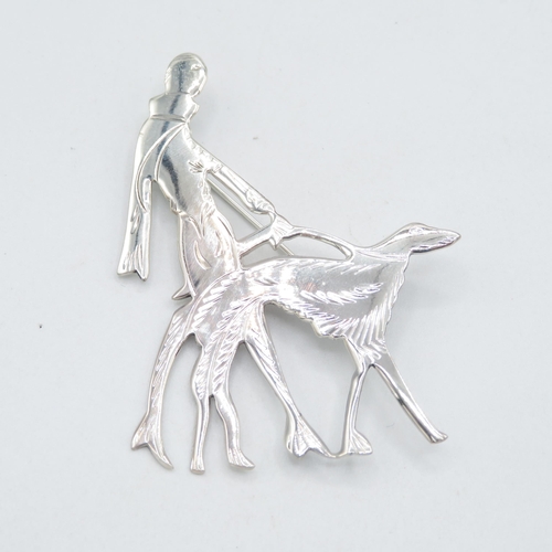 359 - 925 HM Sterling Silver Art Deco style brooch with lady and saluki dog with tight fitting pin (10g)  ... 