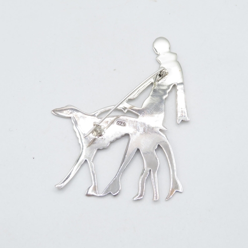 359 - 925 HM Sterling Silver Art Deco style brooch with lady and saluki dog with tight fitting pin (10g)  ... 