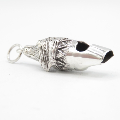 369 - HM 925 Sterling Silver dog whistle with fob ring and detailed dog head design fully working (11.3g) ... 