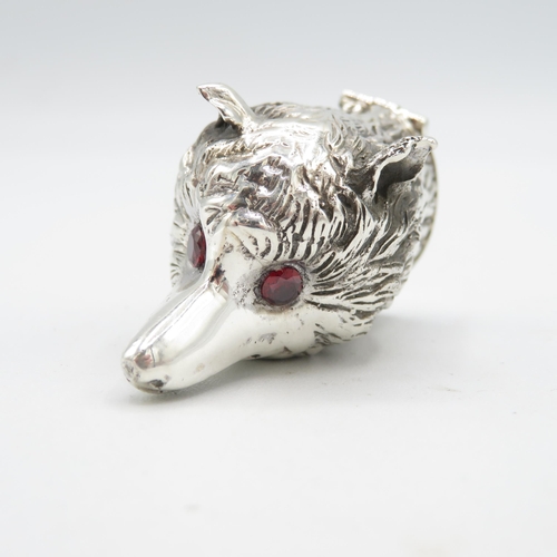 370 - Fox Head 925 HM Sterling Silver Vesta with red glass eyes and tight hinged lid in excellent conditio... 