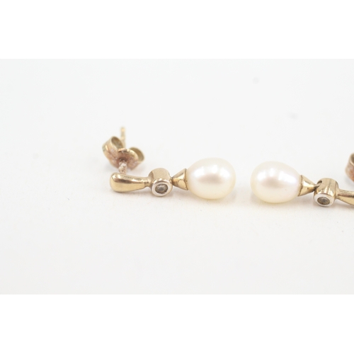 124 - 9ct gold cultured pearl & diamond drop earrings (1.4g)