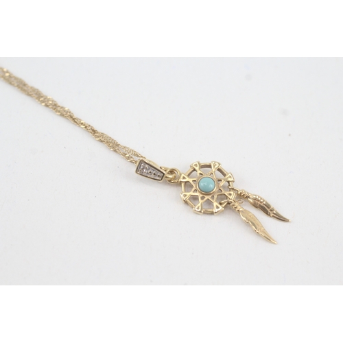 126 - 9ct gold diamond accented turquoise set dreamcatcher pendant necklace (2g)