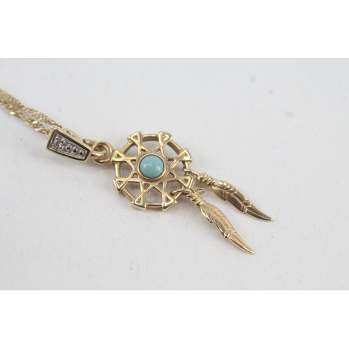 126 - 9ct gold diamond accented turquoise set dreamcatcher pendant necklace (2g)