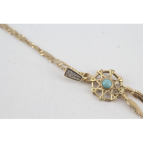 126 - 9ct gold diamond accented turquoise set dreamcatcher pendant necklace (2g)