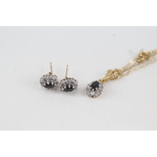 128 - 9ct gold sapphire & diamond cluster pendant necklace & earrings (2.8g)