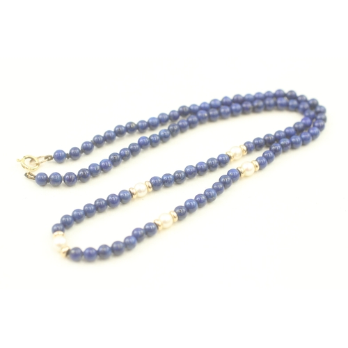 51 - 9ct gold clasp lapis lazuli & cultured pearl single strand necklace with gold spacers (10g)