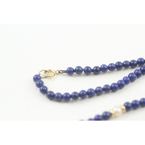 51 - 9ct gold clasp lapis lazuli & cultured pearl single strand necklace with gold spacers (10g)