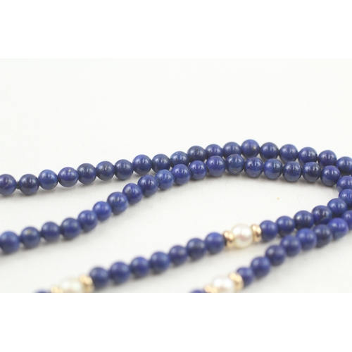 51 - 9ct gold clasp lapis lazuli & cultured pearl single strand necklace with gold spacers (10g)