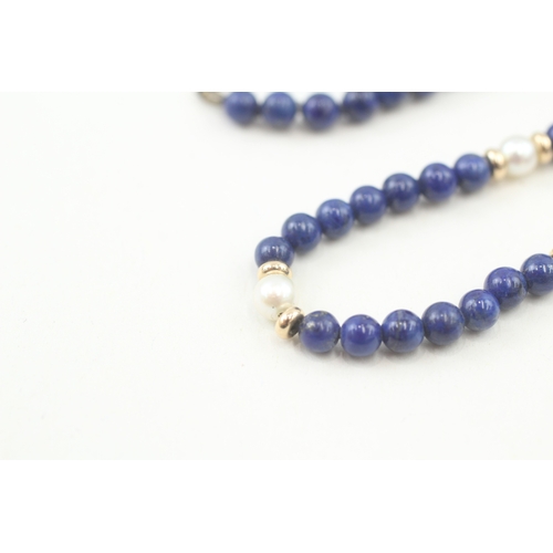 51 - 9ct gold clasp lapis lazuli & cultured pearl single strand necklace with gold spacers (10g)