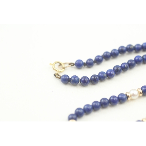 51 - 9ct gold clasp lapis lazuli & cultured pearl single strand necklace with gold spacers (10g)