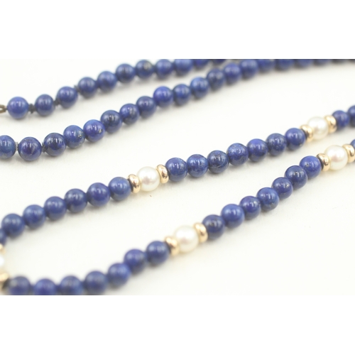 51 - 9ct gold clasp lapis lazuli & cultured pearl single strand necklace with gold spacers (10g)