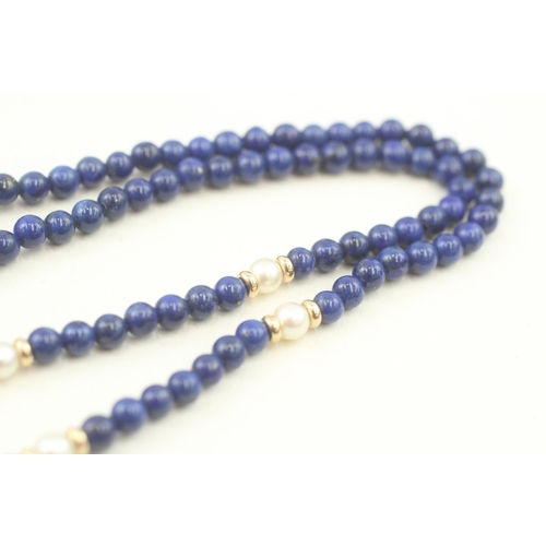 51 - 9ct gold clasp lapis lazuli & cultured pearl single strand necklace with gold spacers (10g)