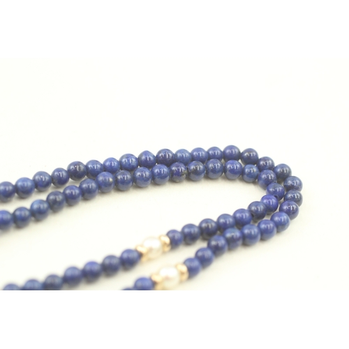 51 - 9ct gold clasp lapis lazuli & cultured pearl single strand necklace with gold spacers (10g)