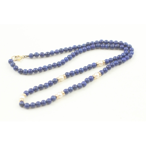 51 - 9ct gold clasp lapis lazuli & cultured pearl single strand necklace with gold spacers (10g)