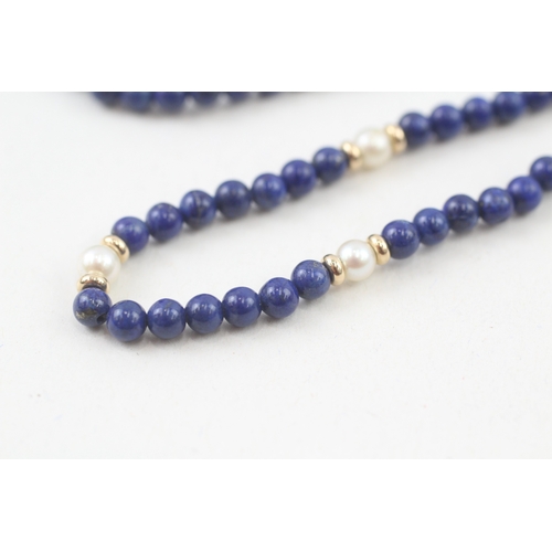 51 - 9ct gold clasp lapis lazuli & cultured pearl single strand necklace with gold spacers (10g)