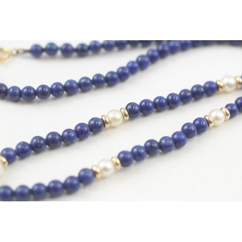 51 - 9ct gold clasp lapis lazuli & cultured pearl single strand necklace with gold spacers (10g)