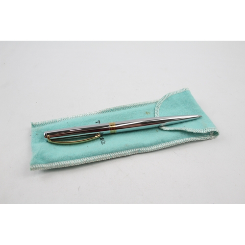 534 - TIFFANY & CO. Stainless Steel Ballpoint Pen / Biro WRITING Gold Plate Banding