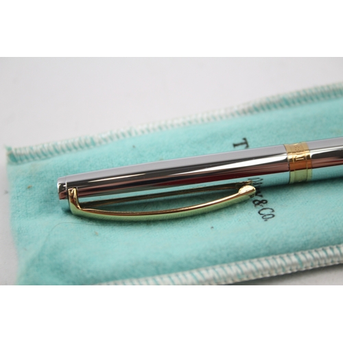 534 - TIFFANY & CO. Stainless Steel Ballpoint Pen / Biro WRITING Gold Plate Banding