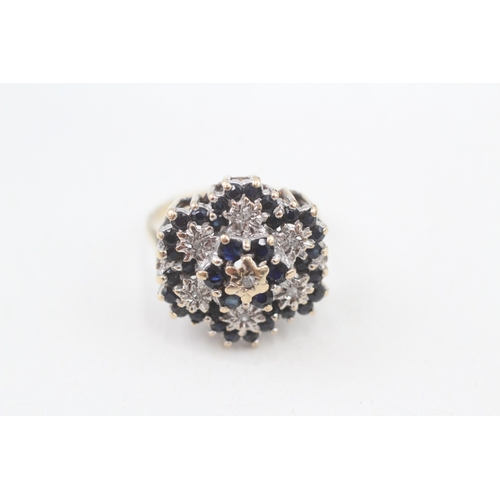 58 - 9ct gold sapphire and diamond set large floral cluster ring (5.2g) Size  O