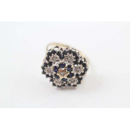 58 - 9ct gold sapphire and diamond set large floral cluster ring (5.2g) Size  O