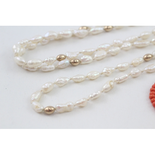 6 - 2x 9ct gold faux coral & cultured pearl necklaces (46.5g)