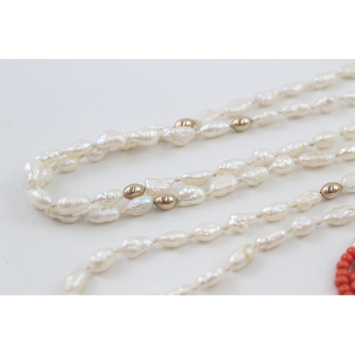 6 - 2x 9ct gold faux coral & cultured pearl necklaces (46.5g)