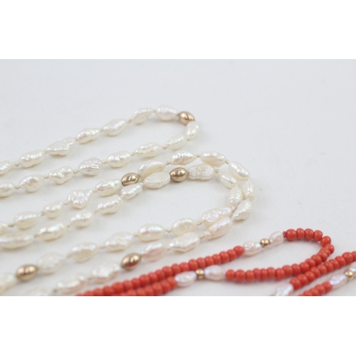 6 - 2x 9ct gold faux coral & cultured pearl necklaces (46.5g)