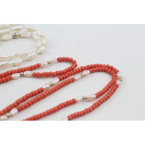 6 - 2x 9ct gold faux coral & cultured pearl necklaces (46.5g)