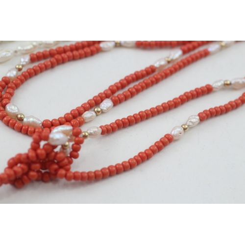 6 - 2x 9ct gold faux coral & cultured pearl necklaces (46.5g)